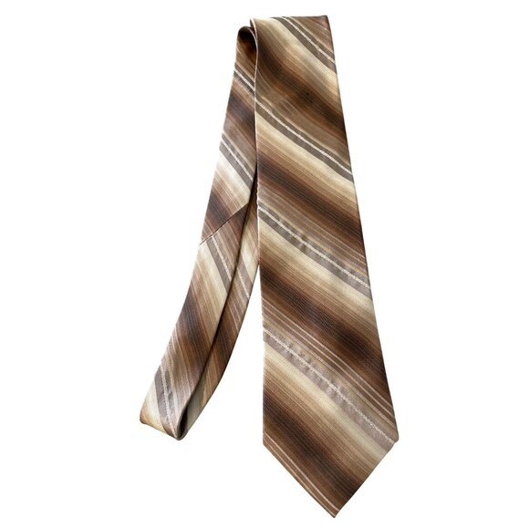 Brown Striped 100% Silk Neck Tie With Green Plaid Accent Business Professional - Picture 1 of 6